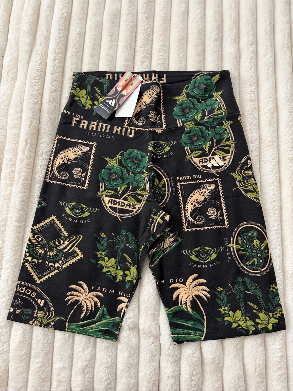 FARM Rio x Adidas Black Bike Shorts with Green and Gold Botanical Print